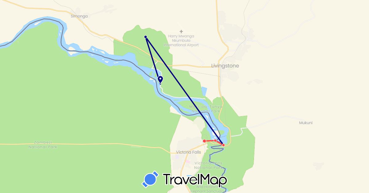 TravelMap itinerary: driving, hiking in Zambia, Zimbabwe (Africa)